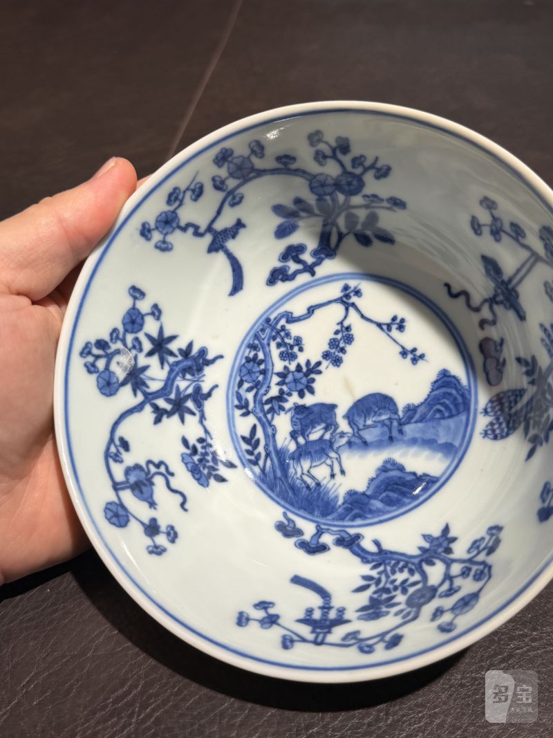 清光绪 内青花外黄地轧道粉彩开光三羊开泰图膳碗 - 图14